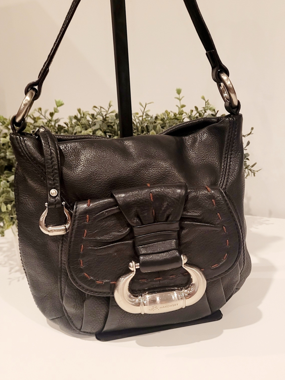 b. makowsky Black Leather Shoulder Bag with Silver Hardware